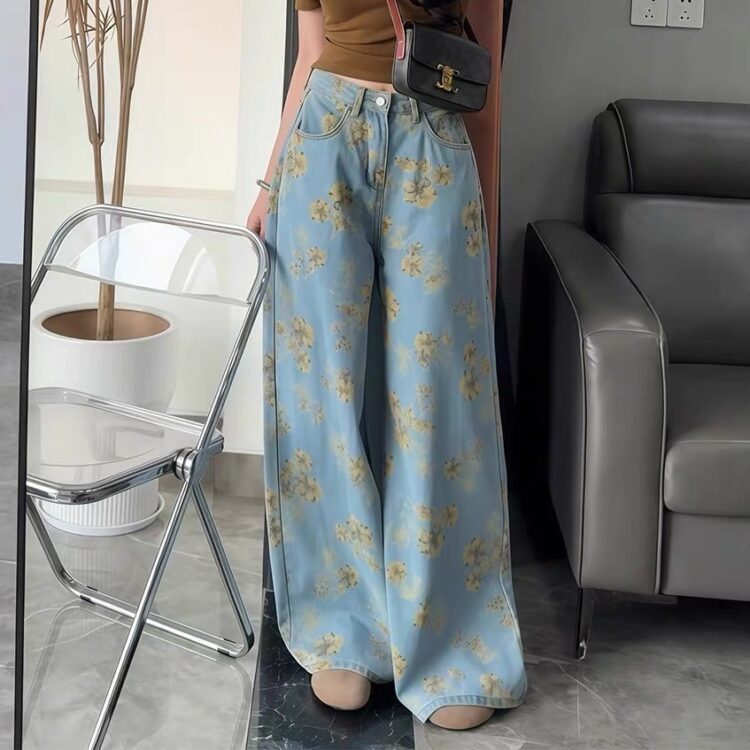 Tie-dyed floral loose wide-leg jeans