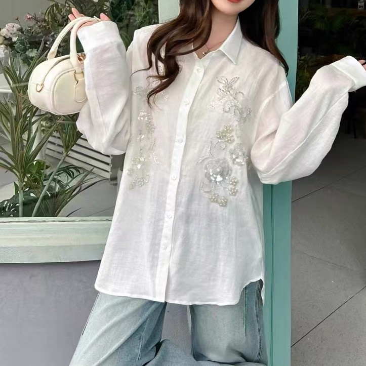 Tencel Sequin Embroidered Loose Sunscreen Shirt