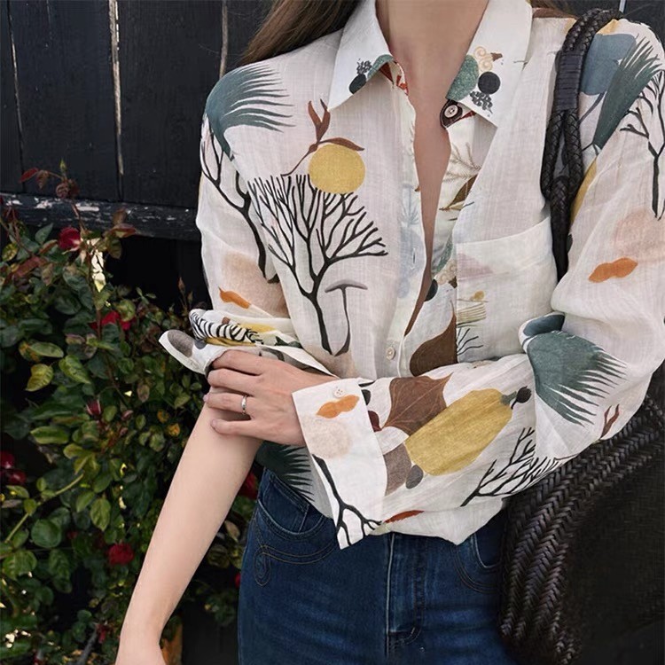 Oil painting floral print loose sun protection shirt