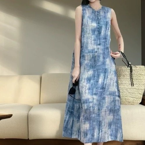 Ramie rendering sleeveless round neck loose fashion vest dress