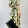 V-neck ink-printed linen slim dress (with belt)