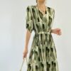 V-neck ink-printed linen slim dress (with belt)