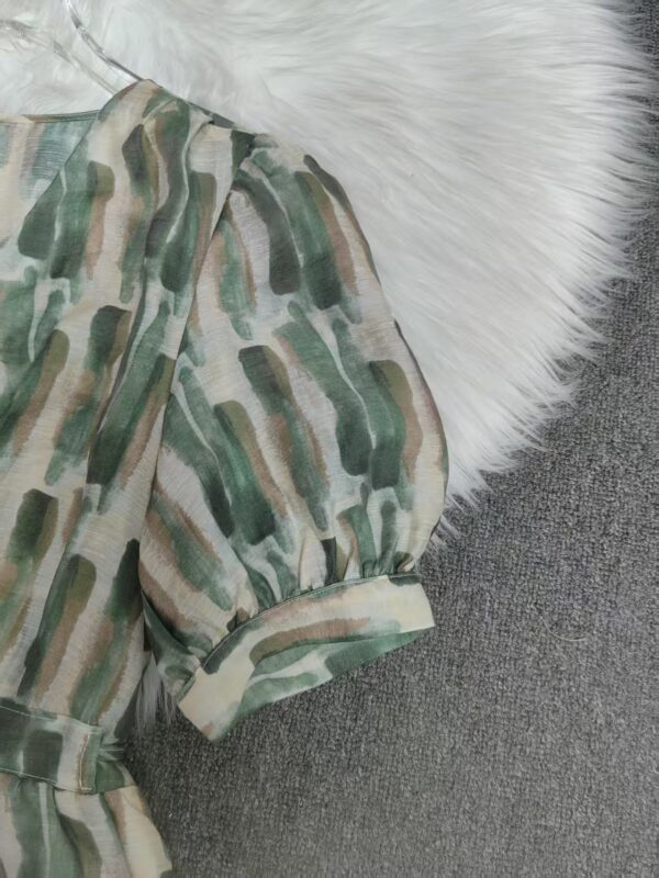 V-neck ink-printed linen slim dress (with belt)
