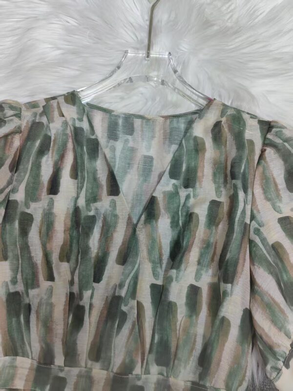 V-neck ink-printed linen slim dress (with belt)
