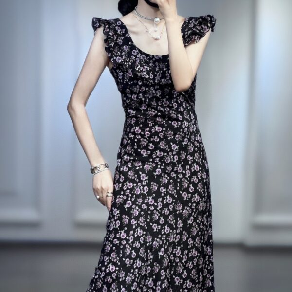 Purple floral retro small flying sleeve dress (30% silk)