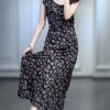 Purple floral retro small flying sleeve dress (30% silk)