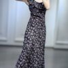 Purple floral retro small flying sleeve dress (30% silk)