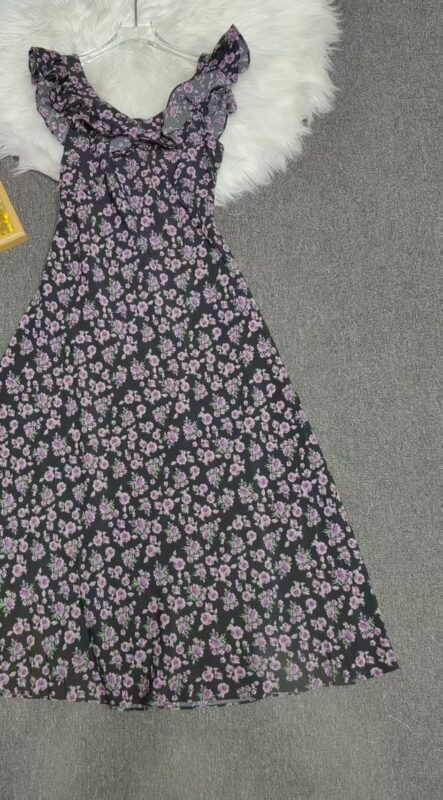 Purple floral retro small flying sleeve dress (30% silk)