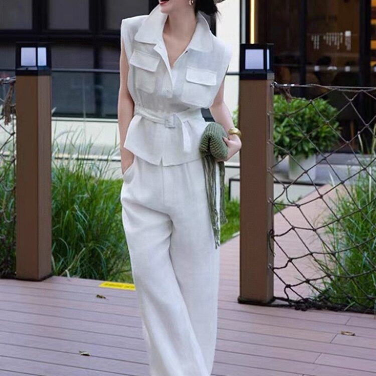 Sleeveless vest and high waist wide leg casual pants set (with belt)