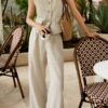 Hollow lace patchwork sleeveless vest and casual wide-leg pants two-piece set