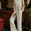 Hollow lace patchwork sleeveless vest and casual wide-leg pants two-piece set