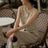 Hollow lace patchwork sleeveless vest and casual wide-leg pants two-piece set