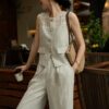 Hollow lace patchwork sleeveless vest and casual wide-leg pants two-piece set