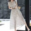 Round neck hand-pleated breathable lace-up dress (with waist rope)
