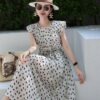 Round neck hand-pleated breathable lace-up dress (with waist rope)