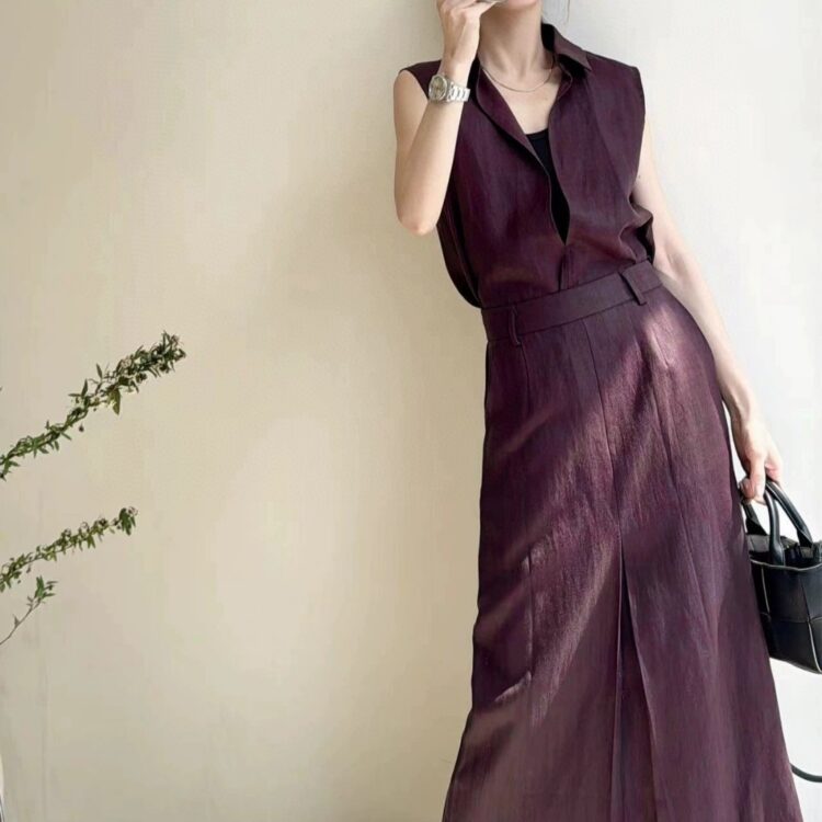 100% plant fermentation washed lapel linen sleeveless dress