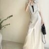 100% plant fermentation washed lapel linen sleeveless dress