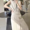 100% plant fermentation washed lapel linen sleeveless dress