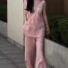Enzyme-washed heavy-duty beaded vest and high-waist elastic waist wide-leg two-piece set