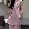Enzyme-washed heavy-duty beaded vest and high-waist elastic waist wide-leg two-piece set