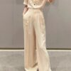 Casual workwear-style short-sleeved shirt and high-waisted wide-leg pants set