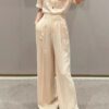 Casual workwear-style short-sleeved shirt and high-waisted wide-leg pants set