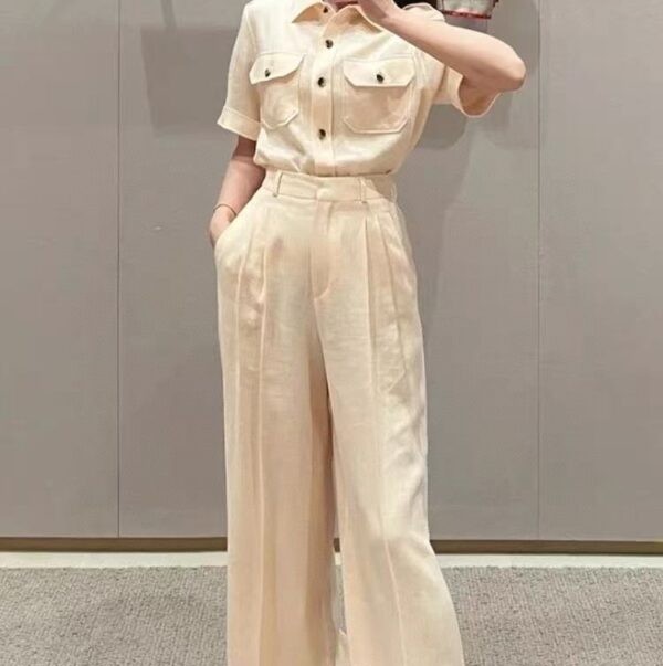 Casual workwear-style short-sleeved shirt and high-waisted wide-leg pants set