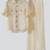 Casual workwear-style short-sleeved shirt and high-waisted wide-leg pants set