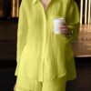 100% ramie solid color top and shorts two-piece set