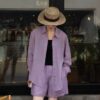 100% ramie solid color top and shorts two-piece set
