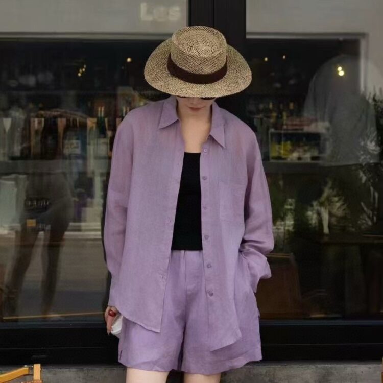 100% ramie solid color top and shorts two-piece set