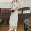 Gray back stitching lace top and skirt set