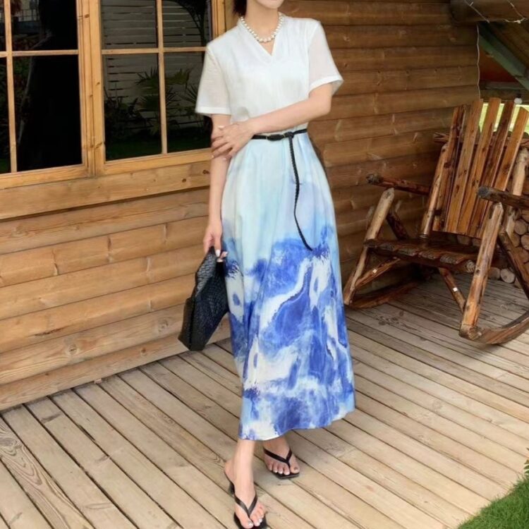 Tie-dyed ink painting print dress (with belt)