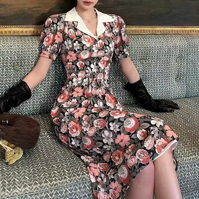 White lapel puff sleeve slimming midi dress