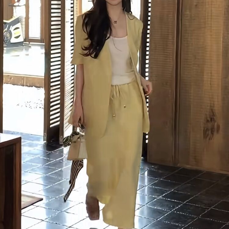 100% linen light color short sleeve suit and skirt two piece set