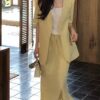100% linen light color short sleeve suit and skirt two piece set