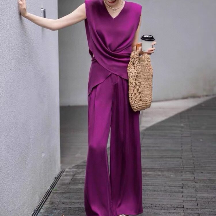 Purple simple top and wide-leg pants two-piece set