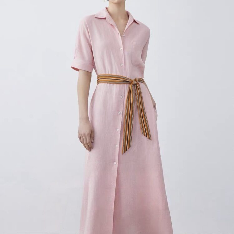 Solid color comfortable linen shirt dress (with belt)