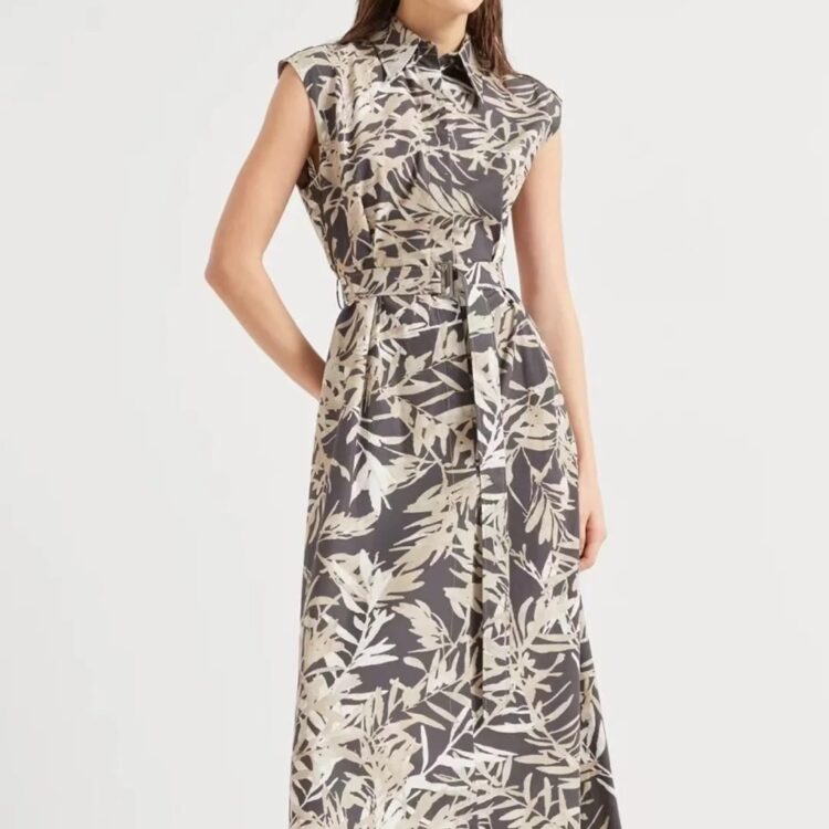 Bamboo leaf print slimming and elegant dress (with belt)