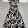 Bamboo leaf print slimming and elegant dress (with belt)