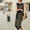 Slim sleeveless skinny striped knitted dress (with belt) (30% wool)