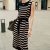 Slim sleeveless skinny striped knitted dress (with belt) (30% wool)