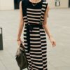 Slim sleeveless skinny striped knitted dress (with belt) (30% wool)