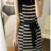 Slim sleeveless skinny striped knitted dress (with belt) (30% wool)