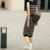 Slim sleeveless skinny striped knitted dress (with belt) (30% wool)