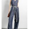 Vintage dark blue slim V-neck jumpsuit