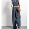 Vintage dark blue slim V-neck jumpsuit