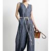 Vintage dark blue slim V-neck jumpsuit
