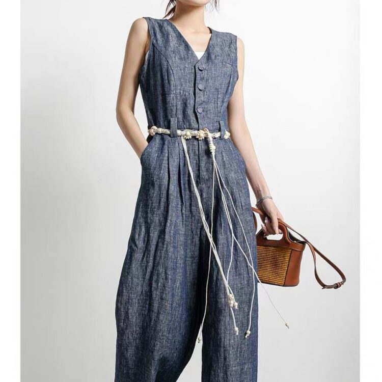 Vintage dark blue slim V-neck jumpsuit