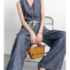 Vintage dark blue slim V-neck jumpsuit